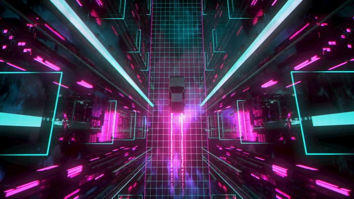 Cyberpunk car driving on a neon grid road