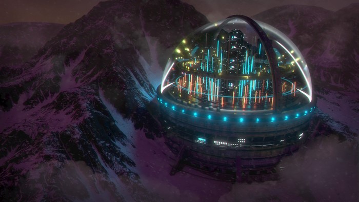 Futuristic city dome on a snowy mountain at night