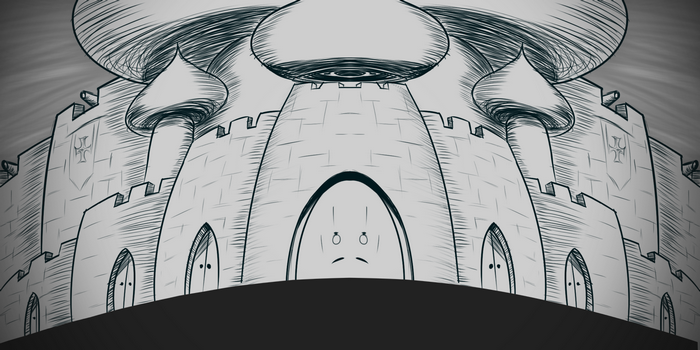 A surreal castle with a face and domes