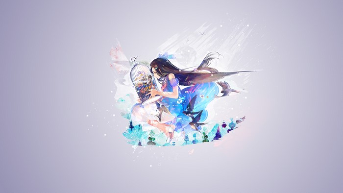 Fantasy girl with birdcage and birds