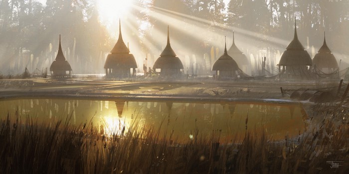 Concept art of huts by a lake