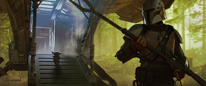 The Mandalorian and Grogu in a forest