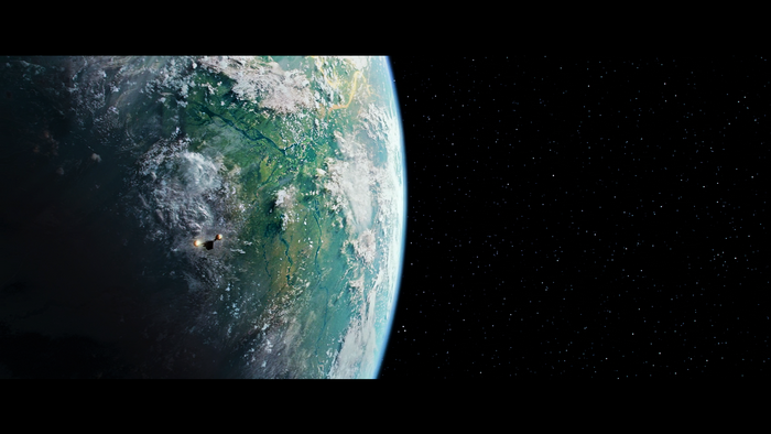 The Mandalorian in space above an alien planet