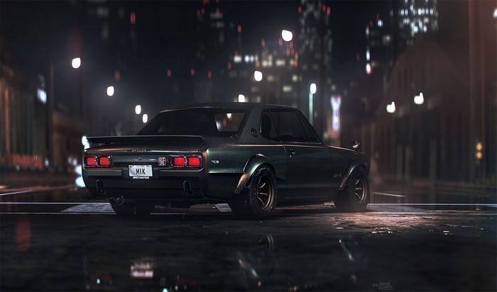 Nissan Skyline GT-R parked at night in a city