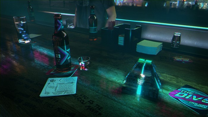 Bar counter with drinks and neon lights