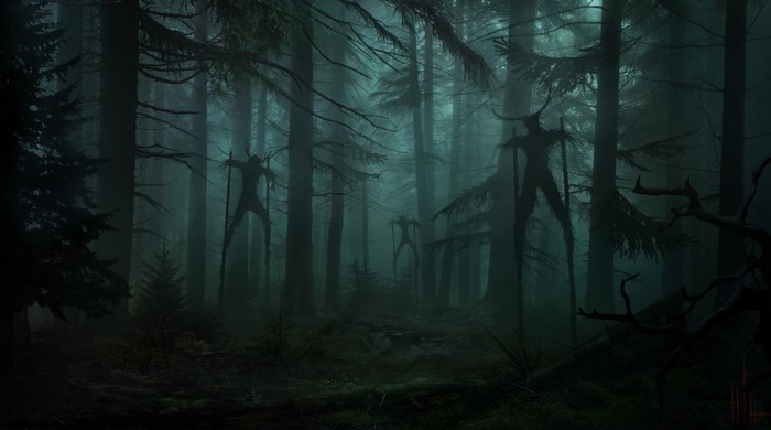 Spooky figures in a dark, misty forest