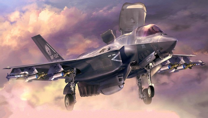 Artwork of an F-35 Lightning II military aircraft in flight