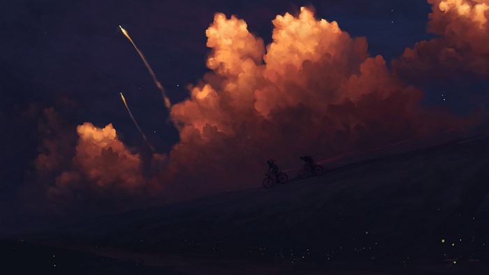 Two people on bikes with rockets and clouds at sunset