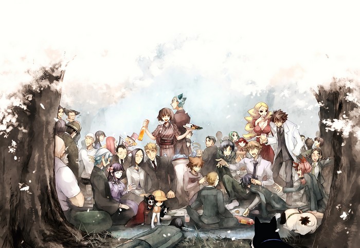 Shiki characters having a picnic under cherry blossoms