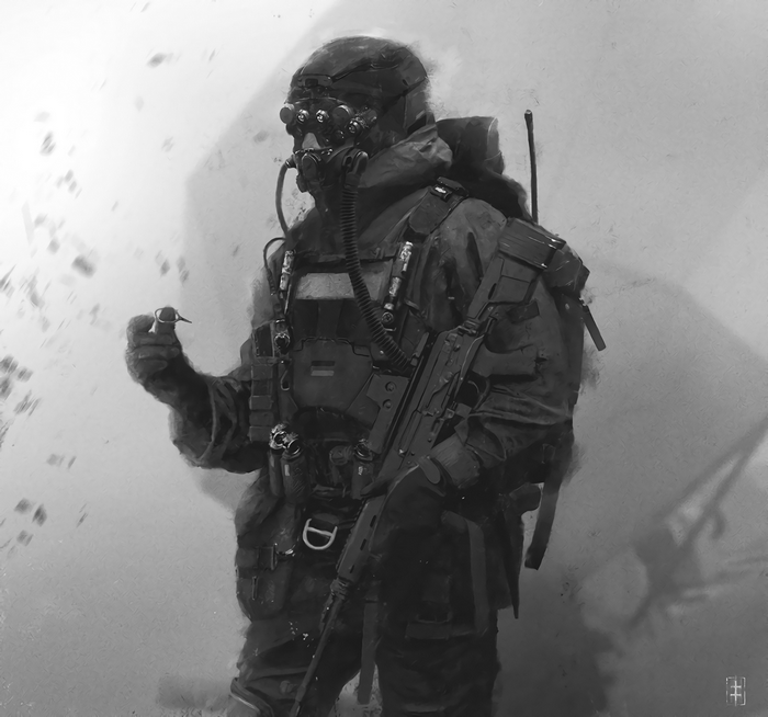Soldier in tactical gear holding a small object
