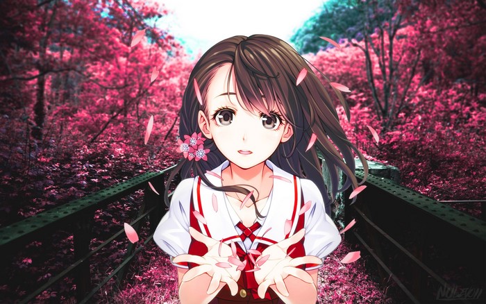 Anime girl with cherry blossoms falling