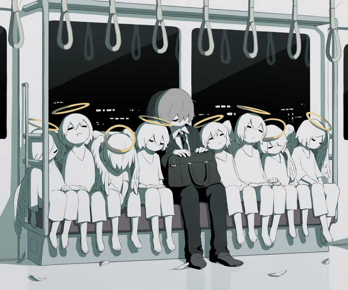 Man with angels on a train