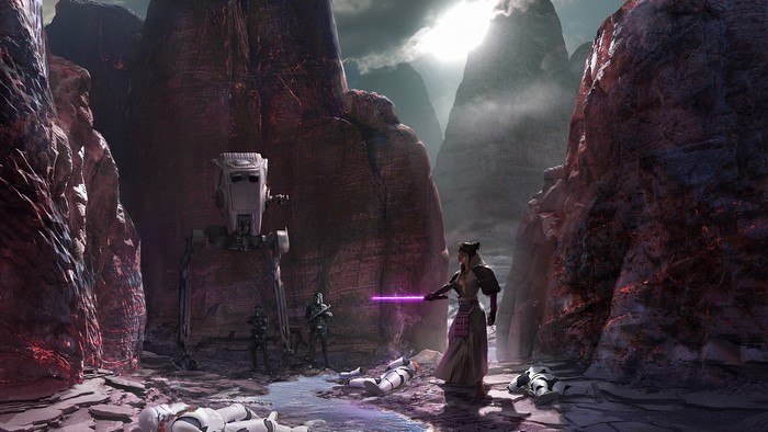 Jedi with lightsaber battles AT-ST Walker in Star Wars canyon