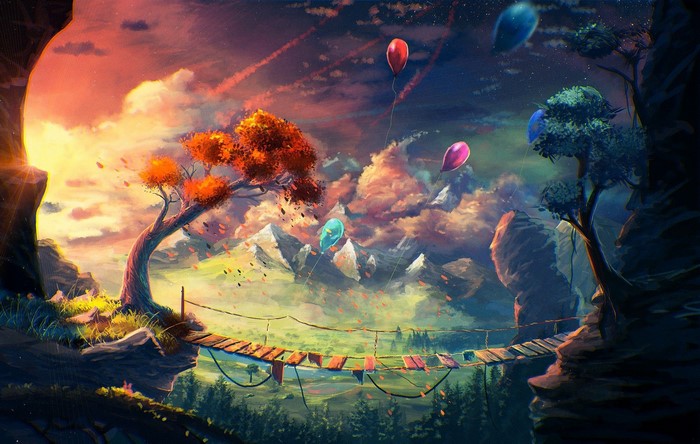 Fantasy landscape with balloons and a bridge