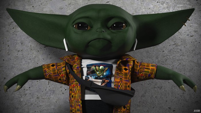 Baby Yoda from Star Wars wearing a Gremlins t-shirt
