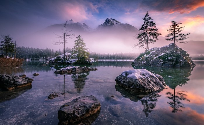 Misty winter lake with mountains in Berchtesgaden, Germany