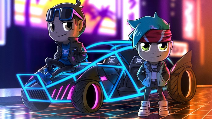 Two cartoon characters with a futuristic car