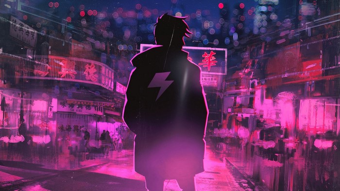 Silhouette of a person with a lightning bolt on their jacket in a neon city