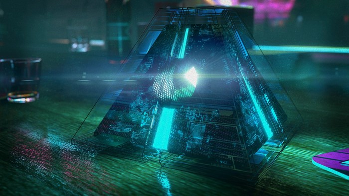 Cyberpunk pyramid with glowing blue circuits on a table