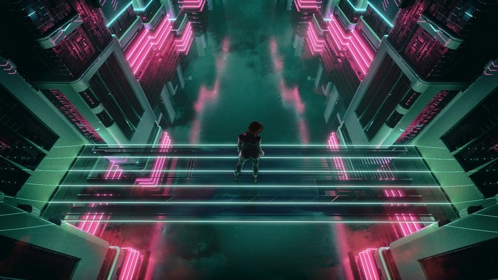 Person standing on a neon bridge in a cyberpunk city