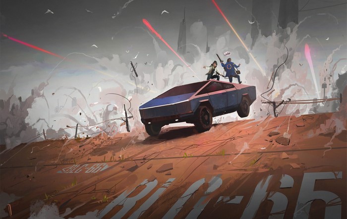 Tesla Cybertruck in a science fiction battle scene