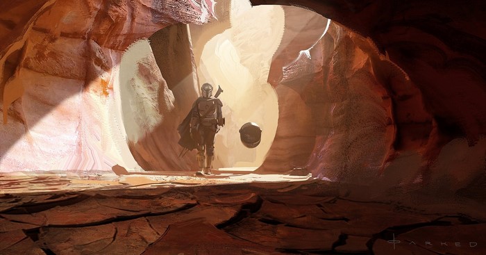 The Mandalorian and Grogu in a cave