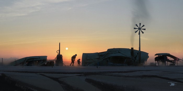 Concept art of The Mandalorian characters on a desert planet
