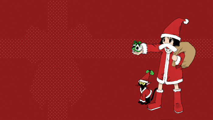 Girl in Santa costume with black cat and gift