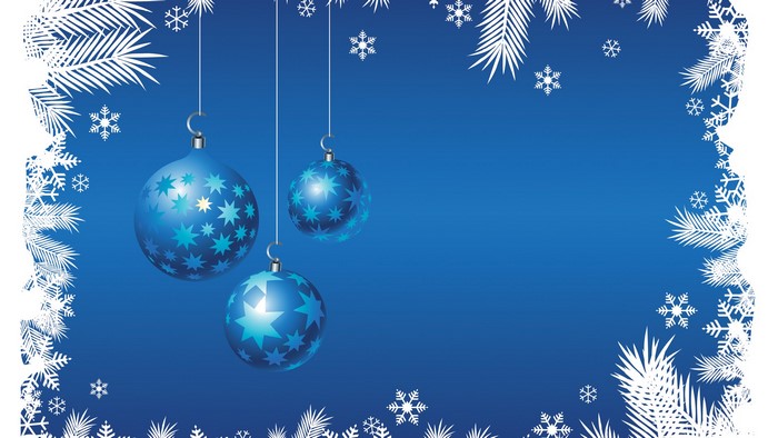 Blue Christmas ornaments with snowflakes and pine branches