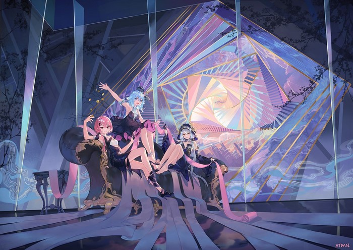 Three anime girls on a couch with a geometric background