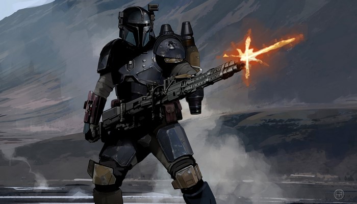 The Mandalorian firing a heavy weapon