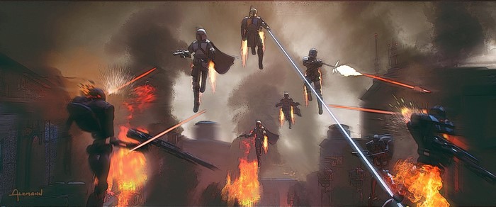Mandalorians in battle from Star Wars concept art
