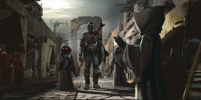 The Mandalorian and Jawas in a marketplace