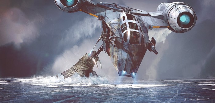 The Mandalorian concept art of Razor Crest and creature
