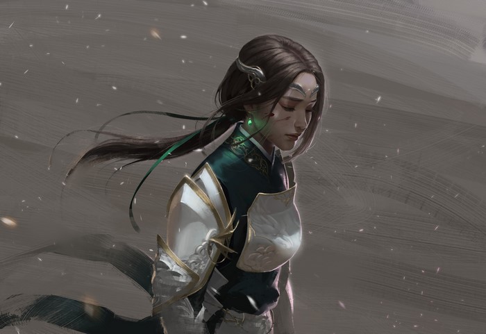 Artwork of a woman with long brown hair and armor