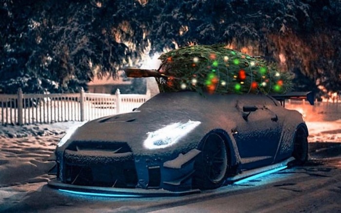 Nissan GT-R with Christmas Tree in Snow