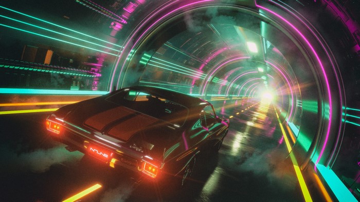 Retro car driving through a neon tunnel