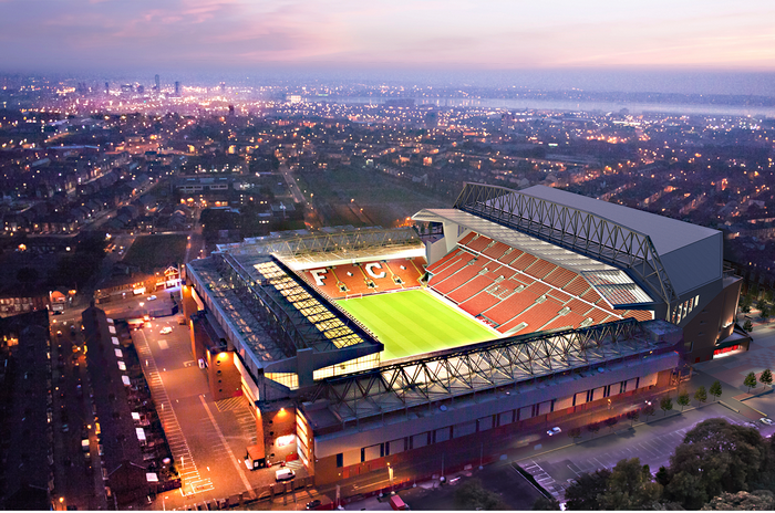 Liverpool FC stadium at dusk with city lights