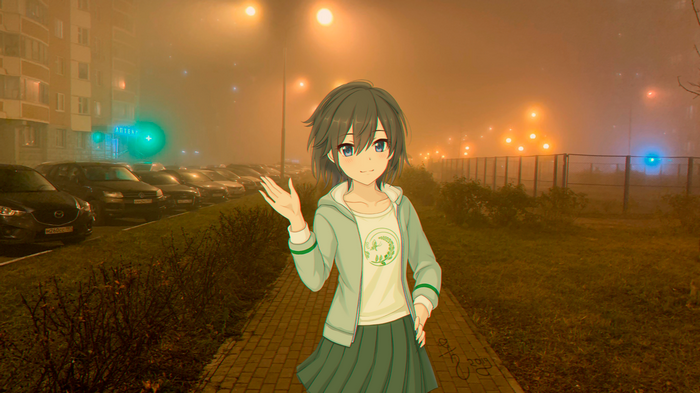 Anime girl walking on a foggy street in Russia