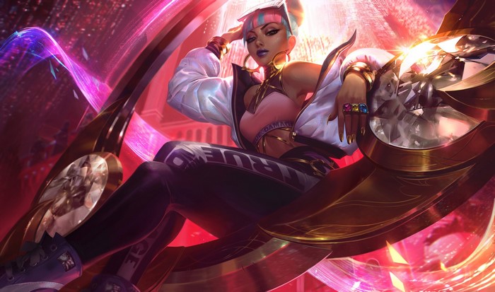 Qiyana from League of Legends on a throne