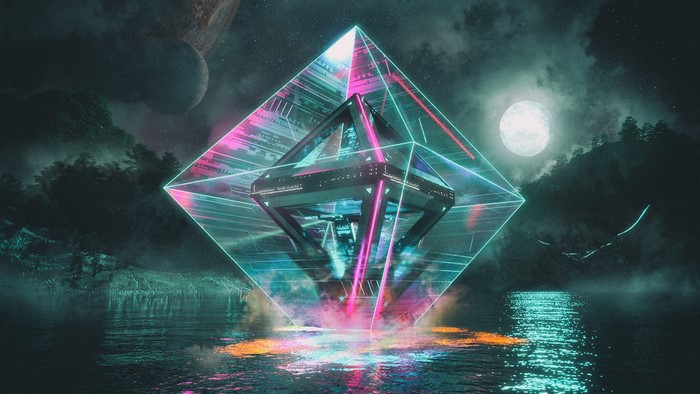 Cyberpunk neon prism over water at night