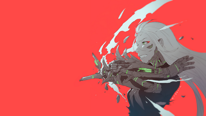 Anime character with cybernetic arm on red background