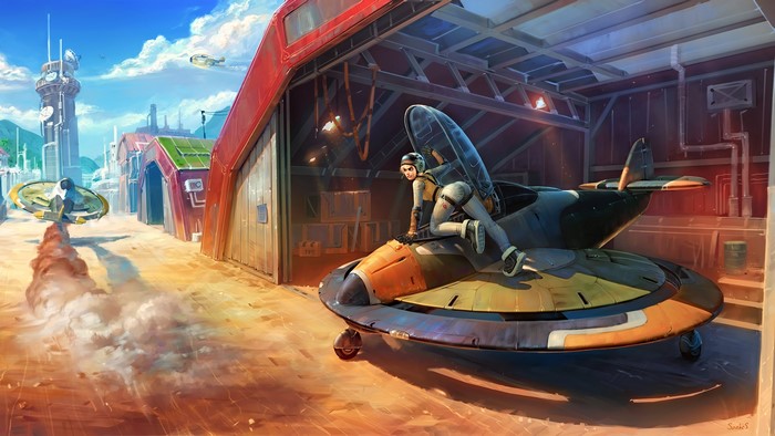 Woman on futuristic aircraft in hangar