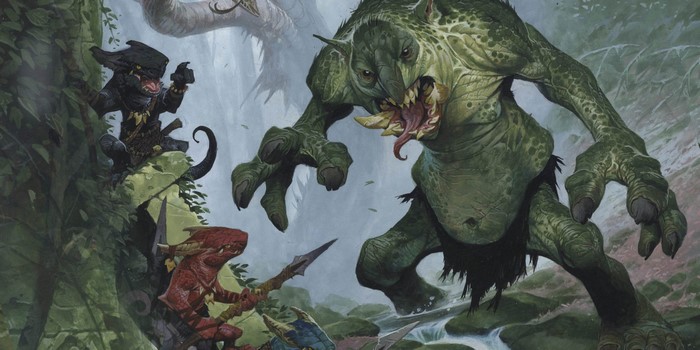 Troll and kobolds in a fantasy forest