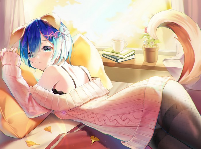 Rem from Re:Zero wearing dog ears and a sweater