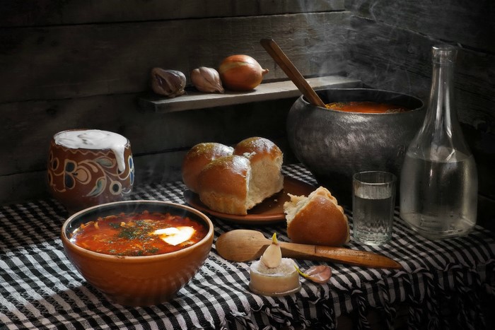 Still life with borscht, bread, and vodka