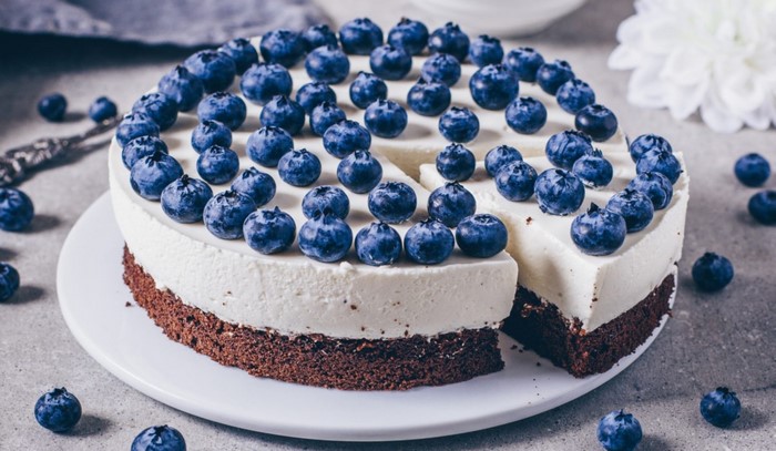 Blueberry cheesecake with a chocolate crust