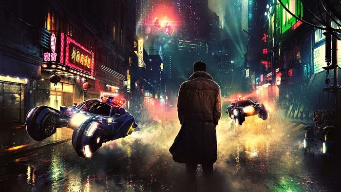 Officer K from Blade Runner 2049 in a futuristic city