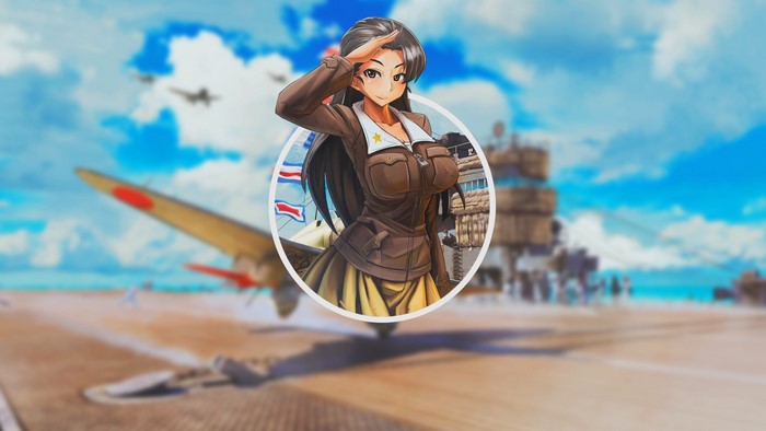 Anime girl from Girls und Panzer saluting on an aircraft carrier