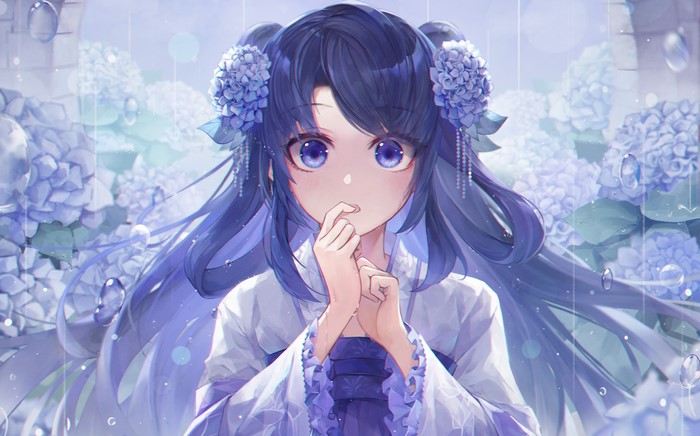 Anime girl with blue hair and flowers, 4K